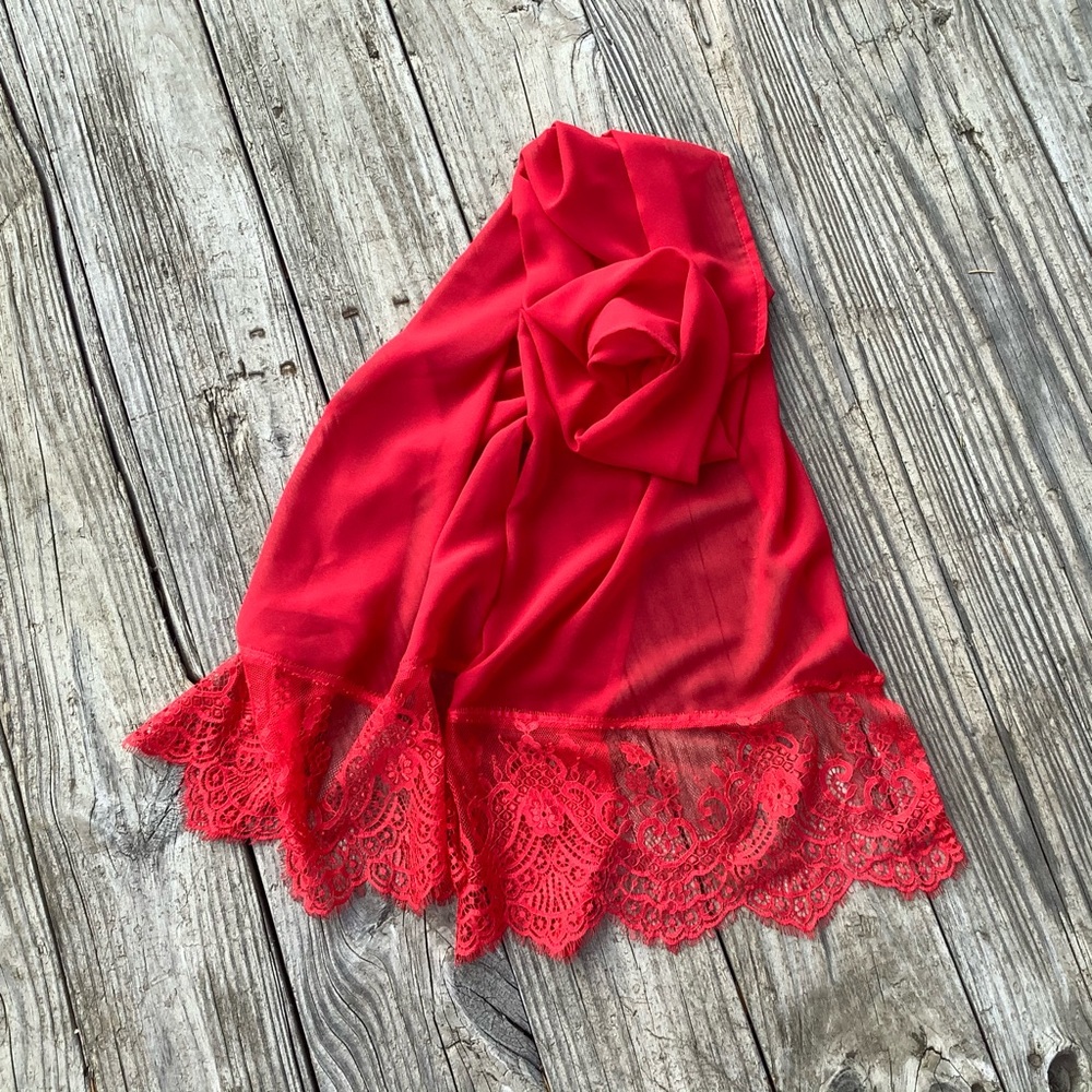 Red scarf with lace 18”W 76” Long Christmas Gift Birthday Wedding